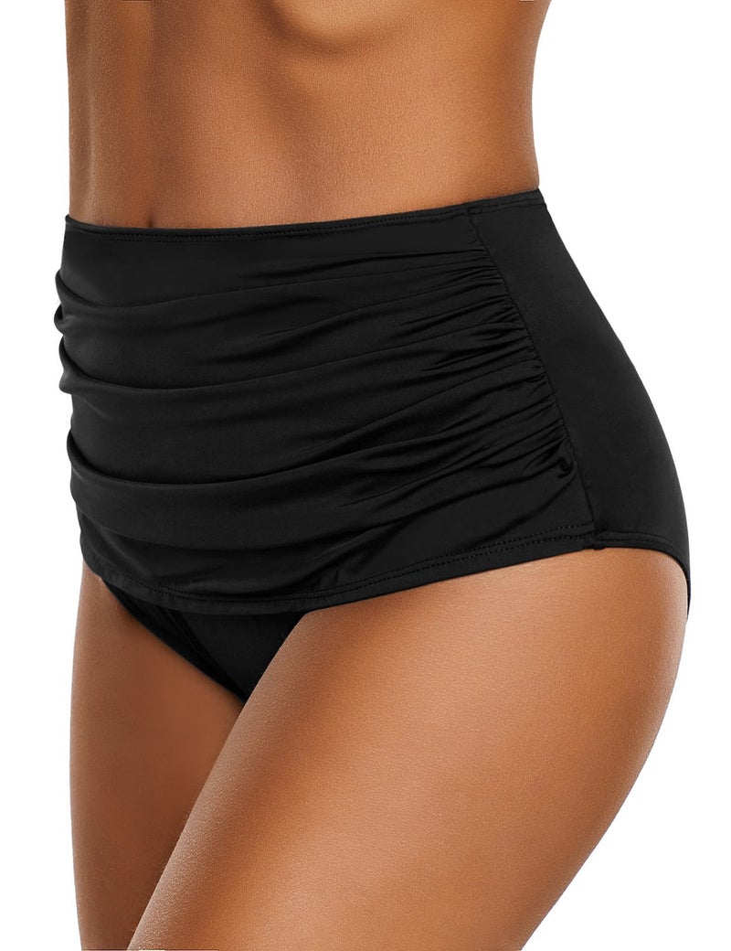 GRAPENT Women's High Waisted Swim Bottom Ruched Bikini Tankini Swimsuit Briefs Size M, Solid Black - Image 3