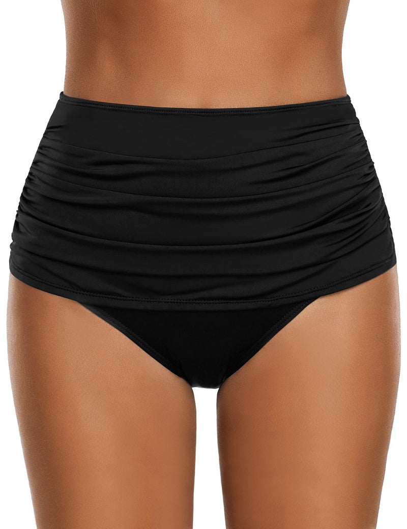 GRAPENT Women's High Waisted Swim Bottom Ruched Bikini Tankini Swimsuit Briefs Size M, Solid Black - Image 1