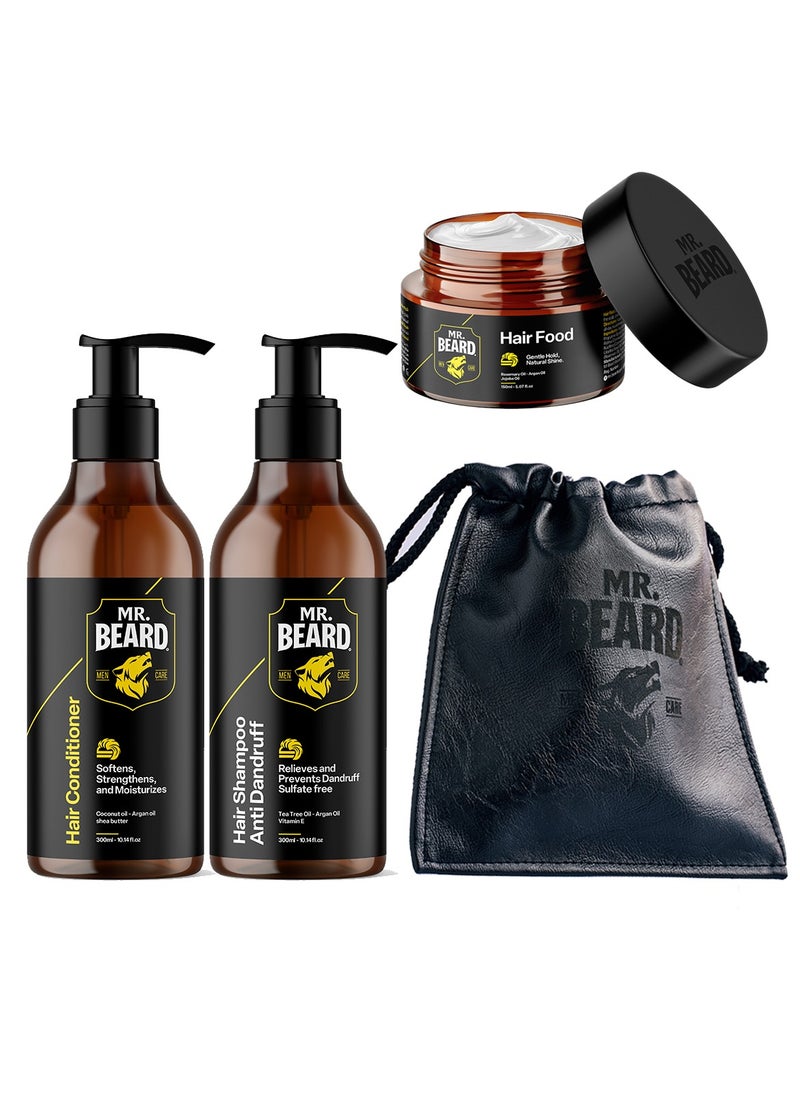 Mr.Beard Mr. Beard Hair Rescue Bundle for Men – Shampoo, Conditioner, Hair Food & Premium Leather Pouch – Anti-Dandruff, Strengthening & Nourishing – Natural Ingredients  - Image 1