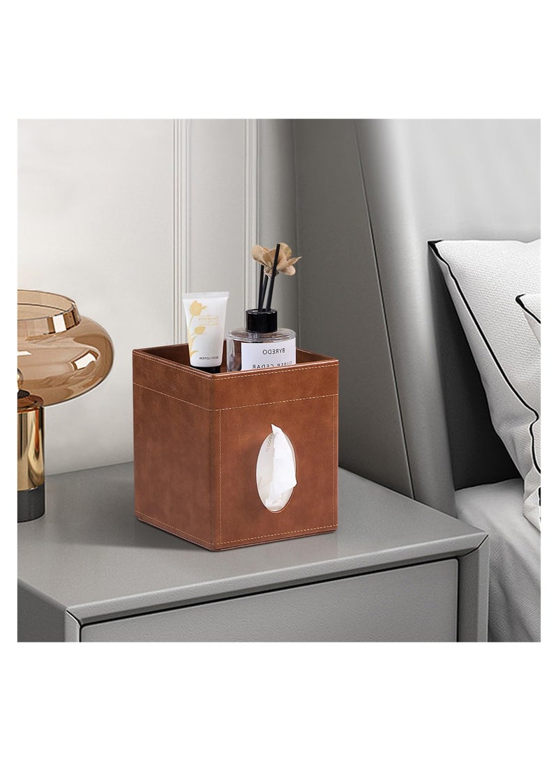 Excefore Tissue Box Cover, PU Leather Square Tissue Box Holder with Storage Valet Tray, Decorative Tissue Holders, Modern Tissues Case Napkin Dispenser Facial Paper Organizer for Bathroom Vanity, Brown - Image 3