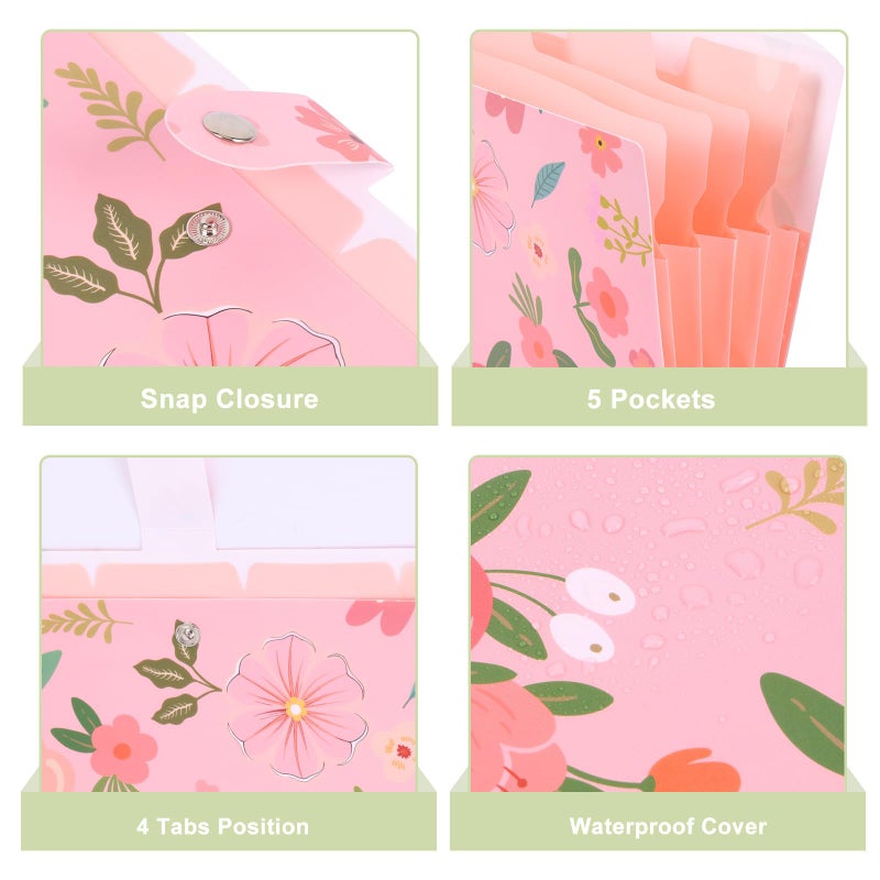 EOOUT 6pcs Expanding File Folders with 5 Pockets, Floral Accordion Folders for Documents, A4 Letter Size Plastic File Organizer with Snap Button for School and Office Supplies - Image 4