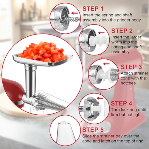 KITOART Fruit & Vegetable Strainer Attachment and Food Meat Grinder Attachment for Kitchenaid Stand Mixer with Sausage Stuffer Tubes and Fruits Juicer Auger Strainer - Image 3