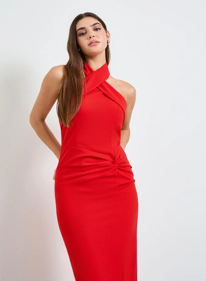 تايك تو Red Halter Neck Maxi Dress with Front Slit