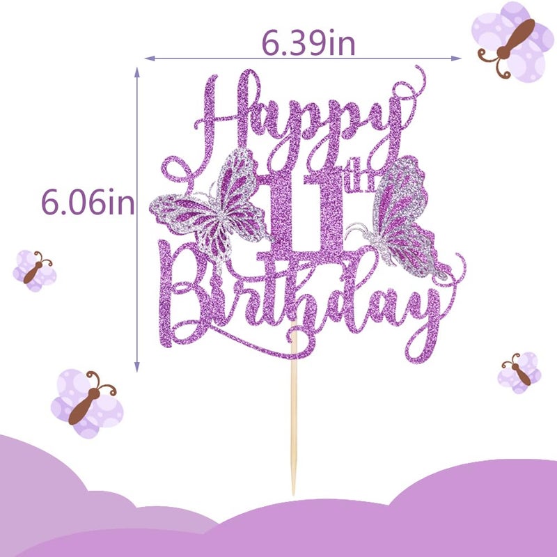 Kaoenla 3D Butterfly Happy 11th Birthday Cake Topper  Glitter Butterfly Theme 11 years old/eleven Birthday/Anniversary Party Cake Decor (11th  Purple) - Image 4