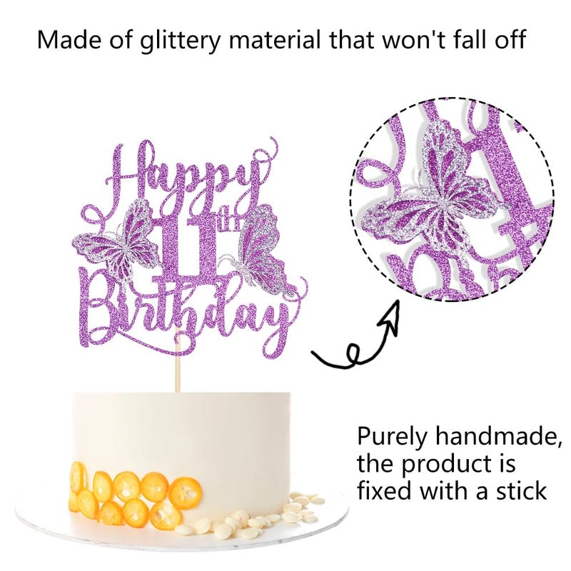 Kaoenla 3D Butterfly Happy 11th Birthday Cake Topper  Glitter Butterfly Theme 11 years old/eleven Birthday/Anniversary Party Cake Decor (11th  Purple) - Image 5