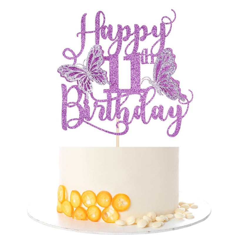 Kaoenla 3D Butterfly Happy 11th Birthday Cake Topper  Glitter Butterfly Theme 11 years old/eleven Birthday/Anniversary Party Cake Decor (11th  Purple) - Image 1