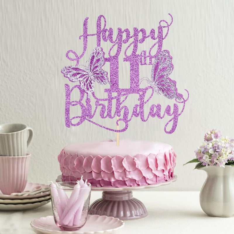 Kaoenla 3D Butterfly Happy 11th Birthday Cake Topper  Glitter Butterfly Theme 11 years old/eleven Birthday/Anniversary Party Cake Decor (11th  Purple) - Image 2