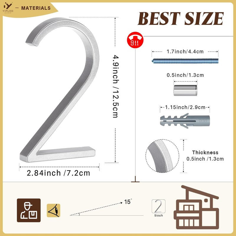 YIPLED 5 Inch House Numbers for Outside, Metal Address Number 2 - Modern Design, Weather-Resistant Silver Powder Coated Finish, No Fading (Silver) - Image 3