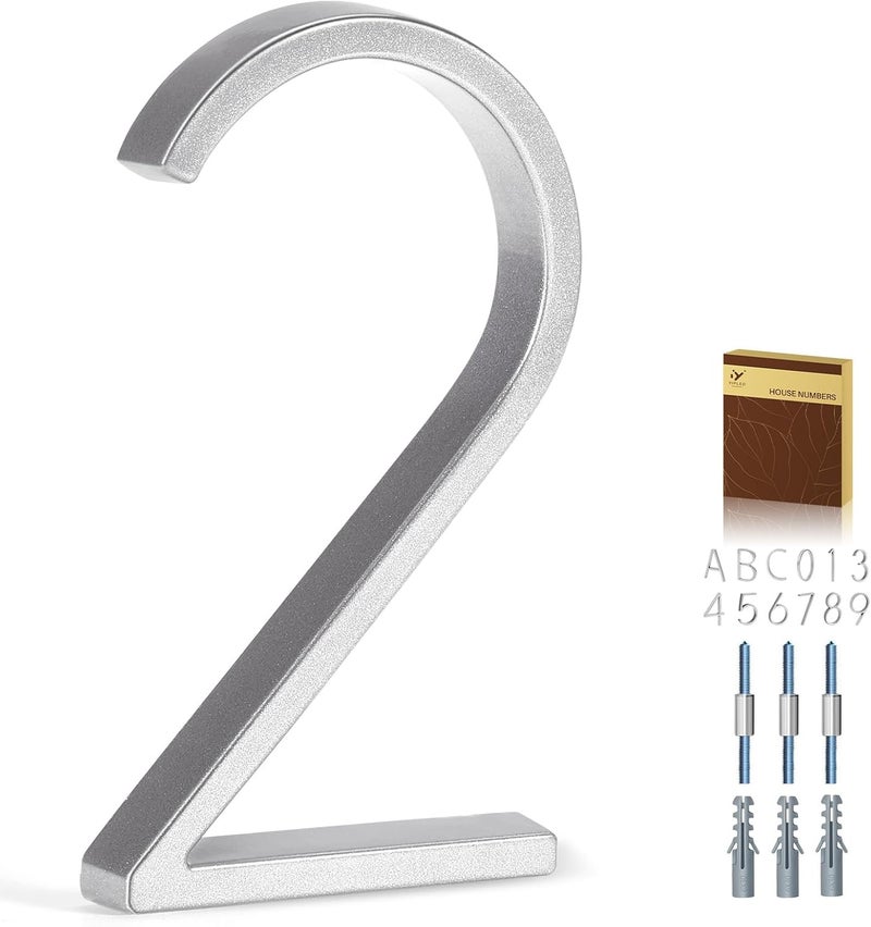 YIPLED 5 Inch House Numbers for Outside, Metal Address Number 2 - Modern Design, Weather-Resistant Silver Powder Coated Finish, No Fading (Silver) - Image 1