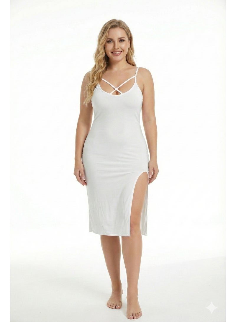 MANIKAN Women's Lingerie Lycra White Midi Dress with Strappy Design Side Slit Fitted Style (white, M) - Image 1