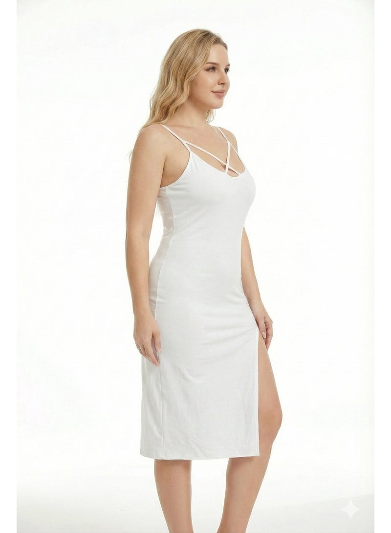 MANIKAN Women's Lingerie Lycra White Midi Dress with Strappy Design Side Slit Fitted Style (white, M) - Image 2