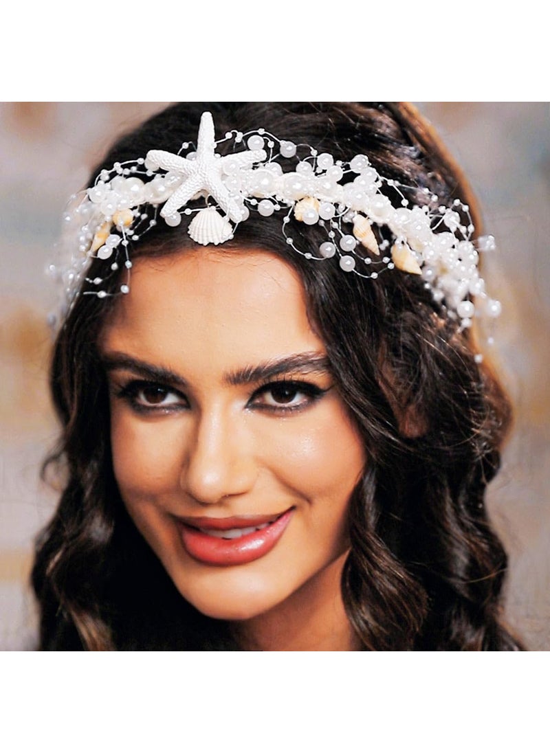 Aukmla - Aukmla Starfish Headband Silver Pearl Bridal Headpiece Shell Beach Wedding Hair Accessories for Women and Brides White One Size - Image 1