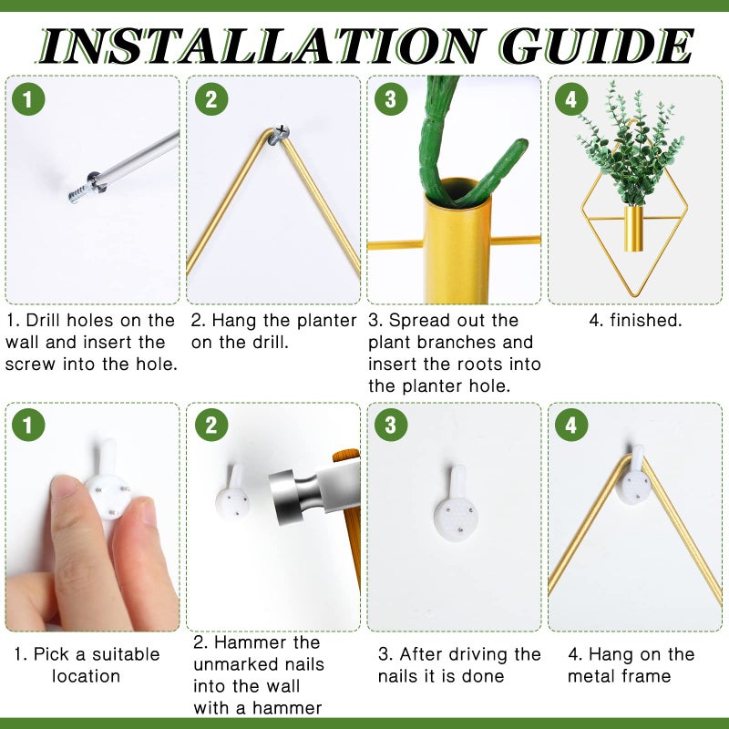 Canlierr 2 Pieces Gold Wall Decor Hanging Planters with Artificial Plants Metal Vase Indoor Plants Holder Modern Geometric Wall Art for Home Bathroom Bedroom Living Room Office(Eucalyptus,Medium) - Image 3