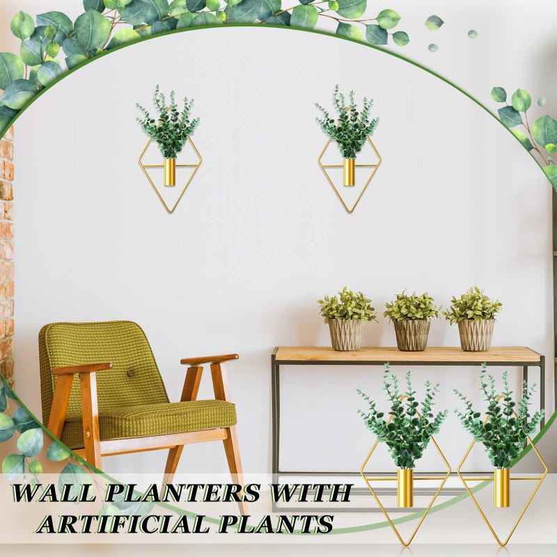 Canlierr 2 Pieces Gold Wall Decor Hanging Planters with Artificial Plants Metal Vase Indoor Plants Holder Modern Geometric Wall Art for Home Bathroom Bedroom Living Room Office(Eucalyptus,Medium) - Image 5