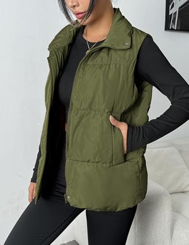 Zeagoo Women Puffer Vest Lightweight Stand Collar Sleeveless Winter Warm Zip Up Padded Outerwear Jackets with Pockets Army Green L - Image 3