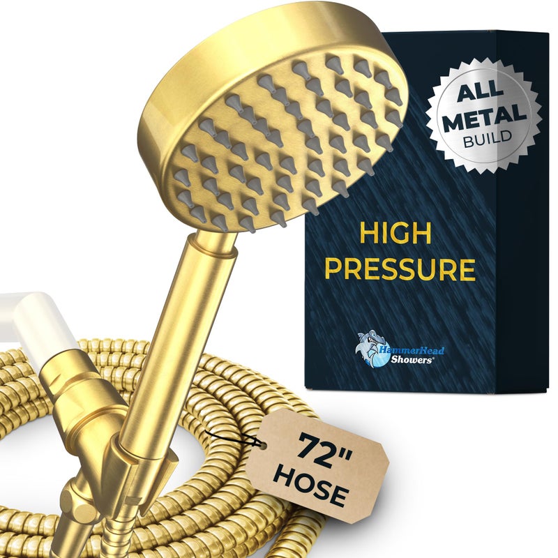 HammerHead Showers Solid Metal Handheld Shower Head with Hose and Brass Holder BRUSHED GOLD 25 GPM High Pressure Shower Heads with Adjustable Shower Wand Bracket 6ft Flexible Extension
