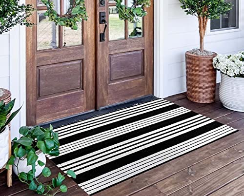 Striped Outdoor Rug 24 x 51Black and White Front Porch Mat Machine Washable HandWoven Indoor Layered Doormats for Entryway Bedroom