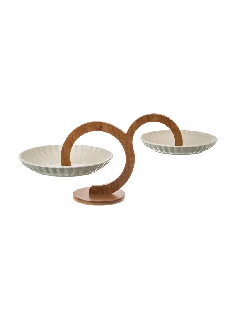 هيك طبق حلويات من البورسلين مكون من طبقتين مزود بحامل خشب