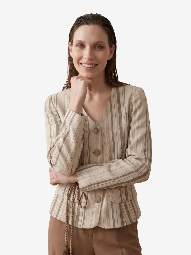 My Fashion Beige Natural MY FASHION Striped belted poplin jacket for Women | Best Price UAE