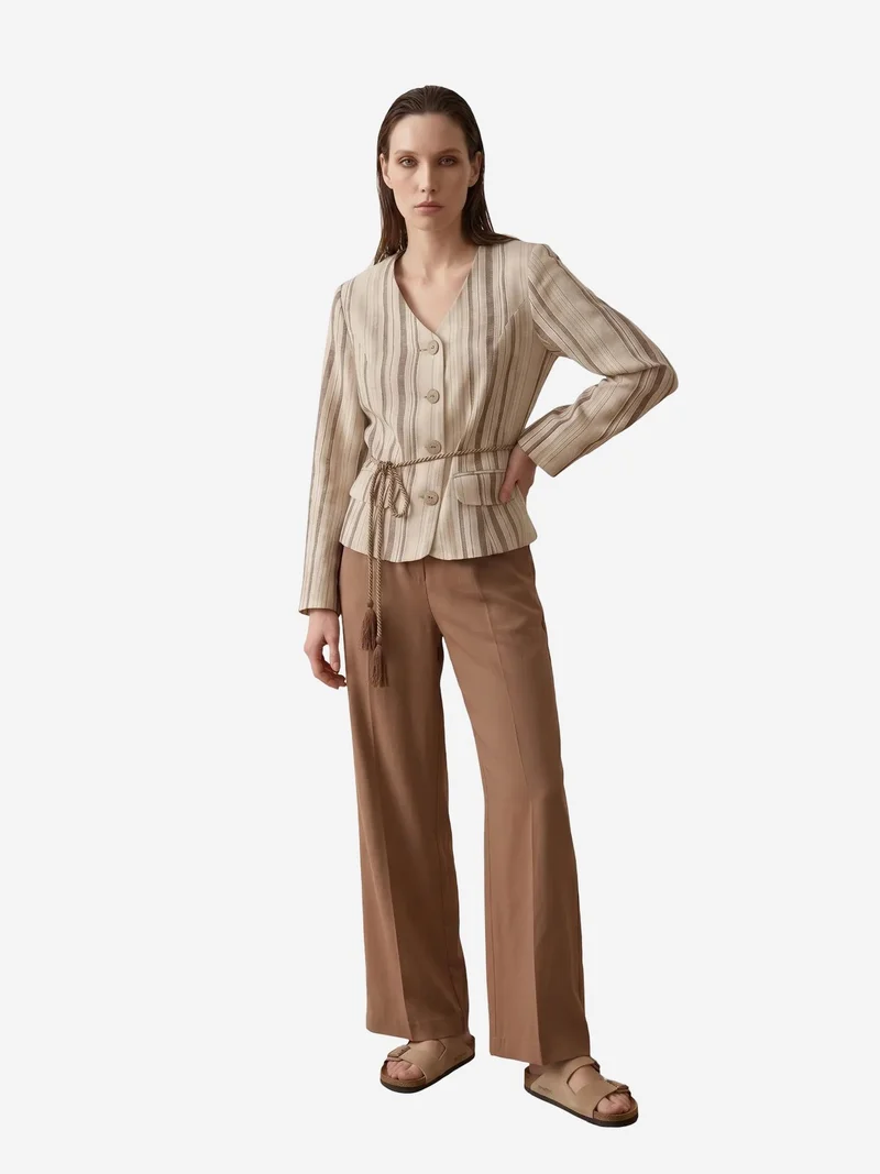My Fashion Beige Natural MY FASHION Striped belted poplin jacket for Women | Best Price UAE