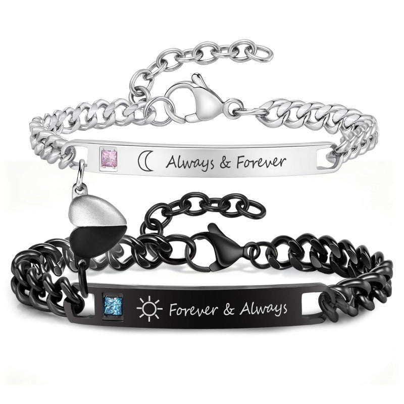 MEALGUET Always & Forever Couple Bracelets - Pinky Promise Always and Forever Engraved Stainless Steel Curb Link Couple Bracelets for Men Women, His and Hers Promise Gift for Boyfriend Girlfriend - Image 1