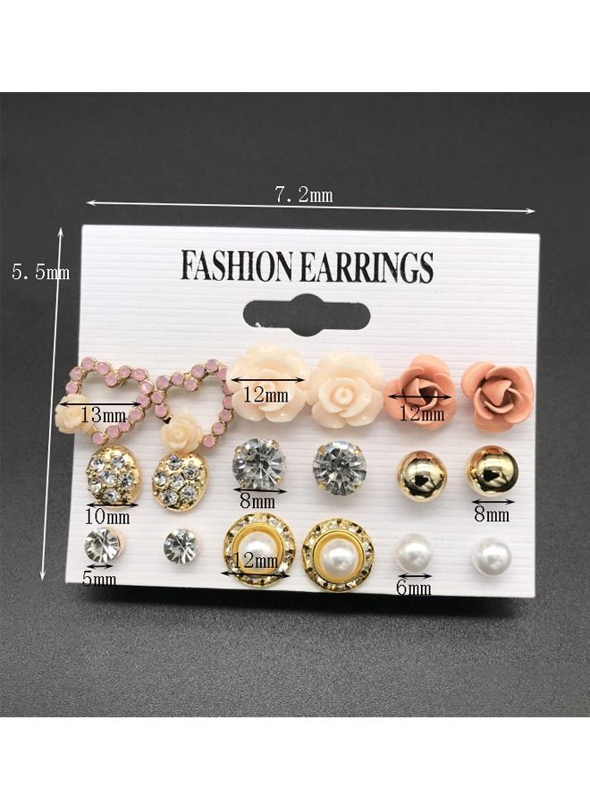 9 Pairs Of Earrings with Beads, Pearl Earrings, Rose Multi Element Combination Jewelry Color Resin Rose Earring Stud Set Stainless Steel  - Image 4