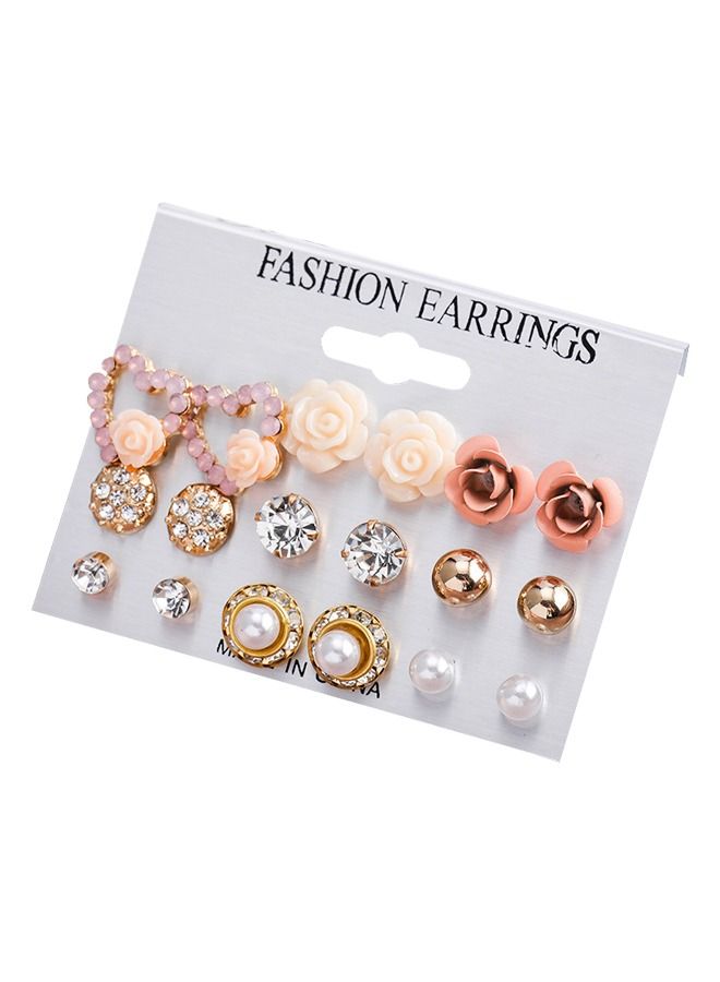 9 Pairs Of Earrings with Beads, Pearl Earrings, Rose Multi Element Combination Jewelry Color Resin Rose Earring Stud Set Stainless Steel  - Image 1