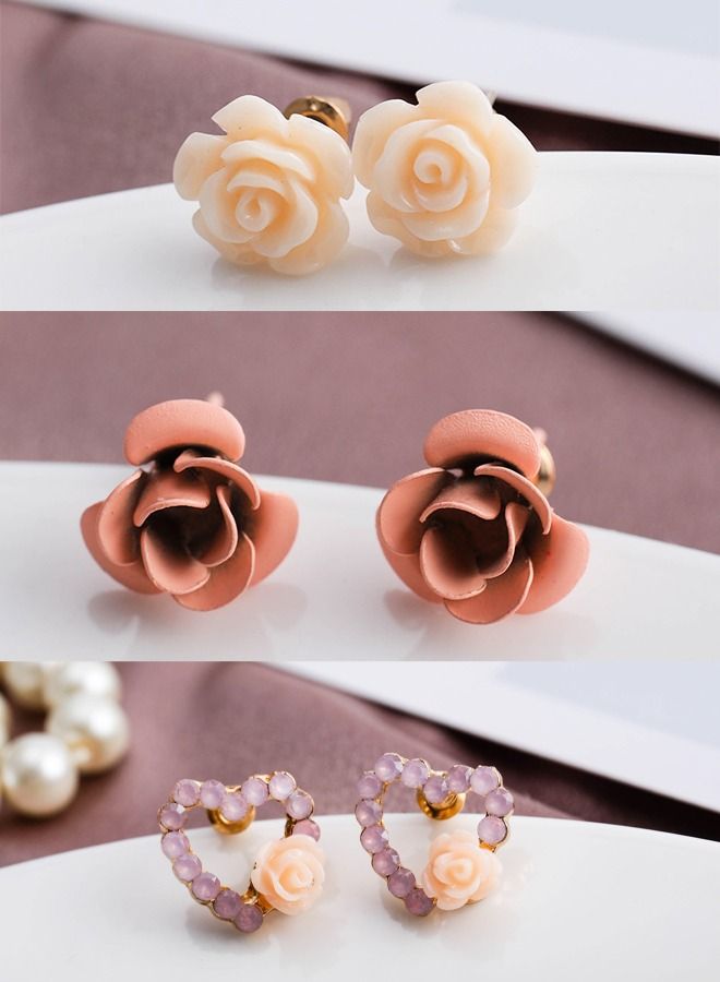 9 Pairs Of Earrings with Beads, Pearl Earrings, Rose Multi Element Combination Jewelry Color Resin Rose Earring Stud Set Stainless Steel  - Image 5
