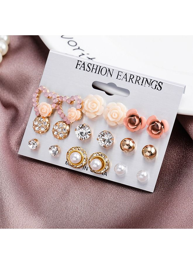 9 Pairs Of Earrings with Beads, Pearl Earrings, Rose Multi Element Combination Jewelry Color Resin Rose Earring Stud Set Stainless Steel  - Image 2