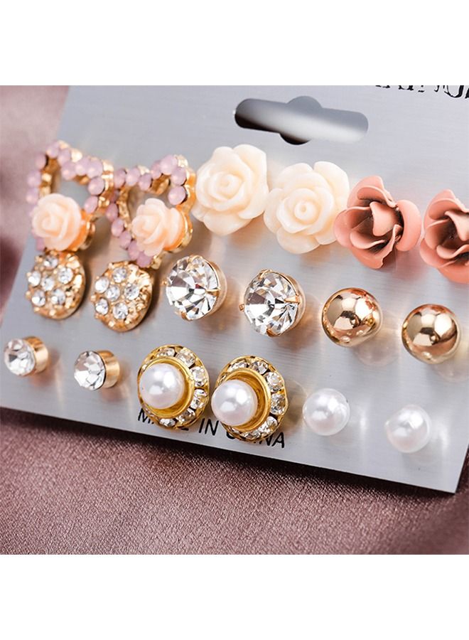 9 Pairs Of Earrings with Beads, Pearl Earrings, Rose Multi Element Combination Jewelry Color Resin Rose Earring Stud Set Stainless Steel  - Image 3