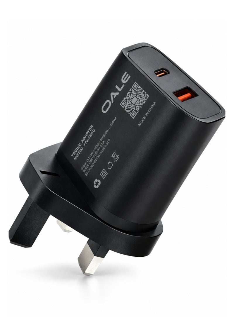 OALE iFast 80U 12W Dual Port USB-A & Type-C Fast Charger UK 3-Pin Wall Adapter with 100cm Cable for iPhone Samsung Galaxy Huawei Xiaomi Oppo Vivo Black - Image 1