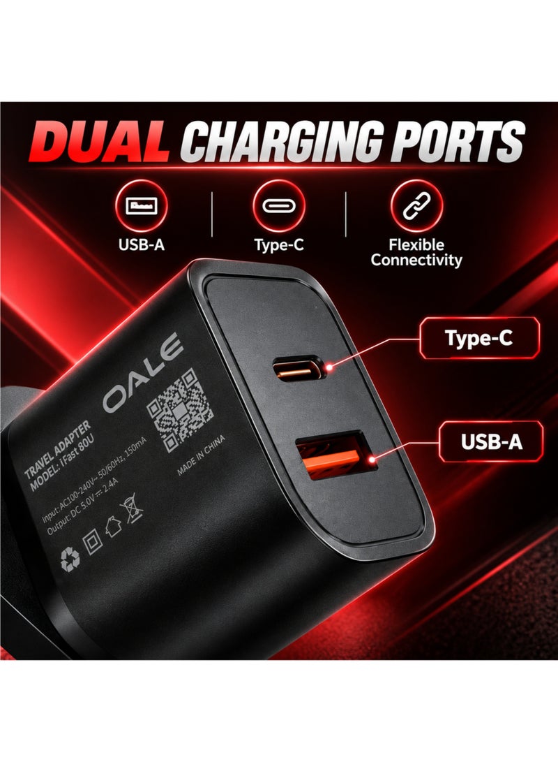 OALE iFast 80U 12W Dual Port USB-A & Type-C Fast Charger UK 3-Pin Wall Adapter with 100cm Cable for iPhone Samsung Galaxy Huawei Xiaomi Oppo Vivo Black - Image 2