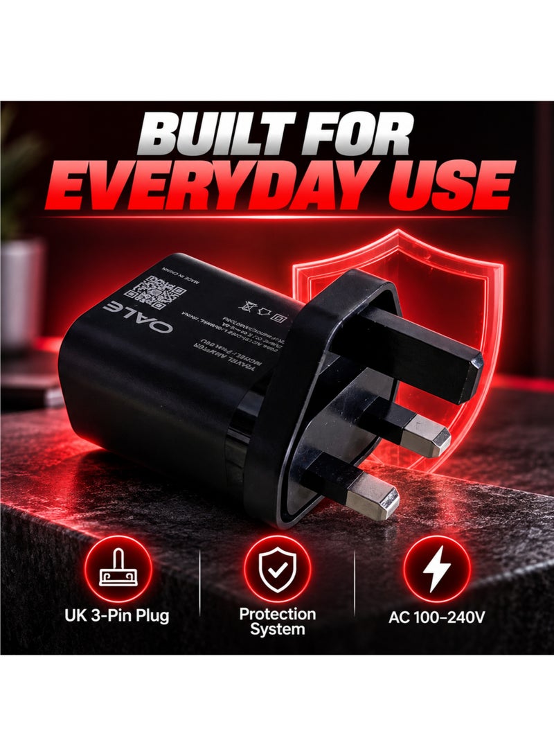 OALE iFast 80U 12W Dual Port USB-A & Type-C Fast Charger UK 3-Pin Wall Adapter with 100cm Cable for iPhone Samsung Galaxy Huawei Xiaomi Oppo Vivo Black - Image 4