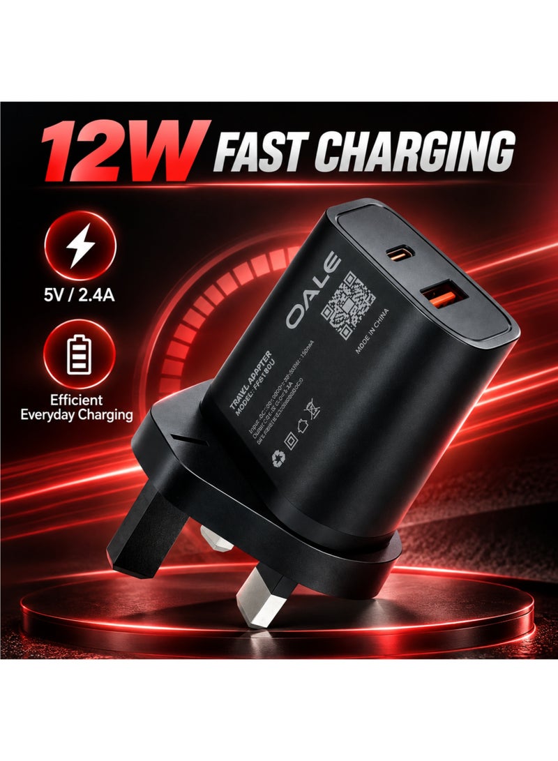 OALE iFast 80U 12W Dual Port USB-A & Type-C Fast Charger UK 3-Pin Wall Adapter with 100cm Cable for iPhone Samsung Galaxy Huawei Xiaomi Oppo Vivo Black - Image 3