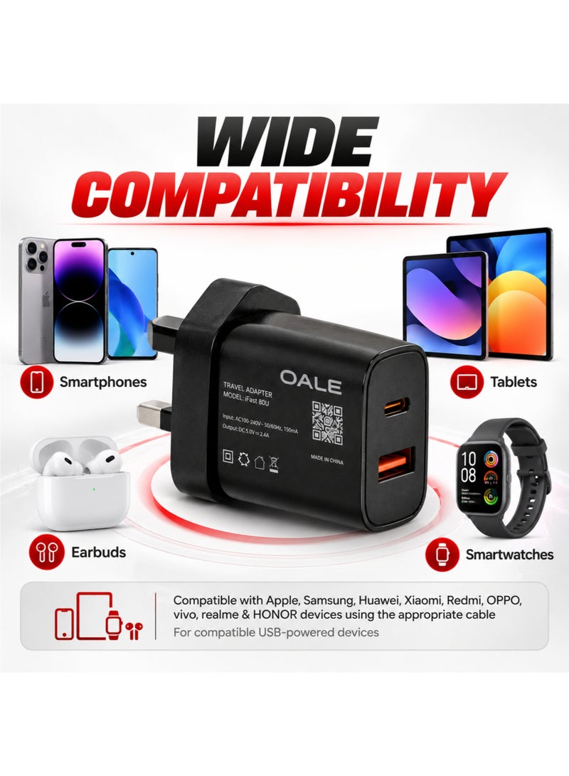 OALE iFast 80U 12W Dual Port USB-A & Type-C Fast Charger UK 3-Pin Wall Adapter with 100cm Cable for iPhone Samsung Galaxy Huawei Xiaomi Oppo Vivo Black - Image 5