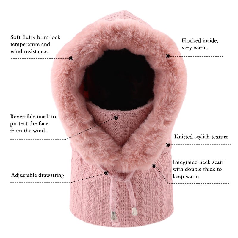 OMUKY Balaclava Hats for Women Cold Weather Thick Fluff Hats Adult Neck Face Cover Cap Ski Mask Neck Warmer(Light Pink) - Image 4