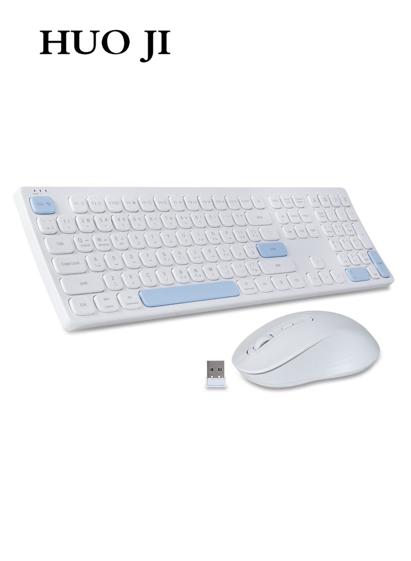 هواو جي مجموعة لوحة مفاتيح وفأرة لاسلكية، تخطيط عربي وإنجليزي، حجم كامل مريح، لوحة مفاتيح هادئة، فأرة بصرية، 2.4G خالية من التأخير، عمر بطارية طويل، متوافقة مع الكمبيوتر، ماك، بي سي، ويندوز - أبيض - Image 1