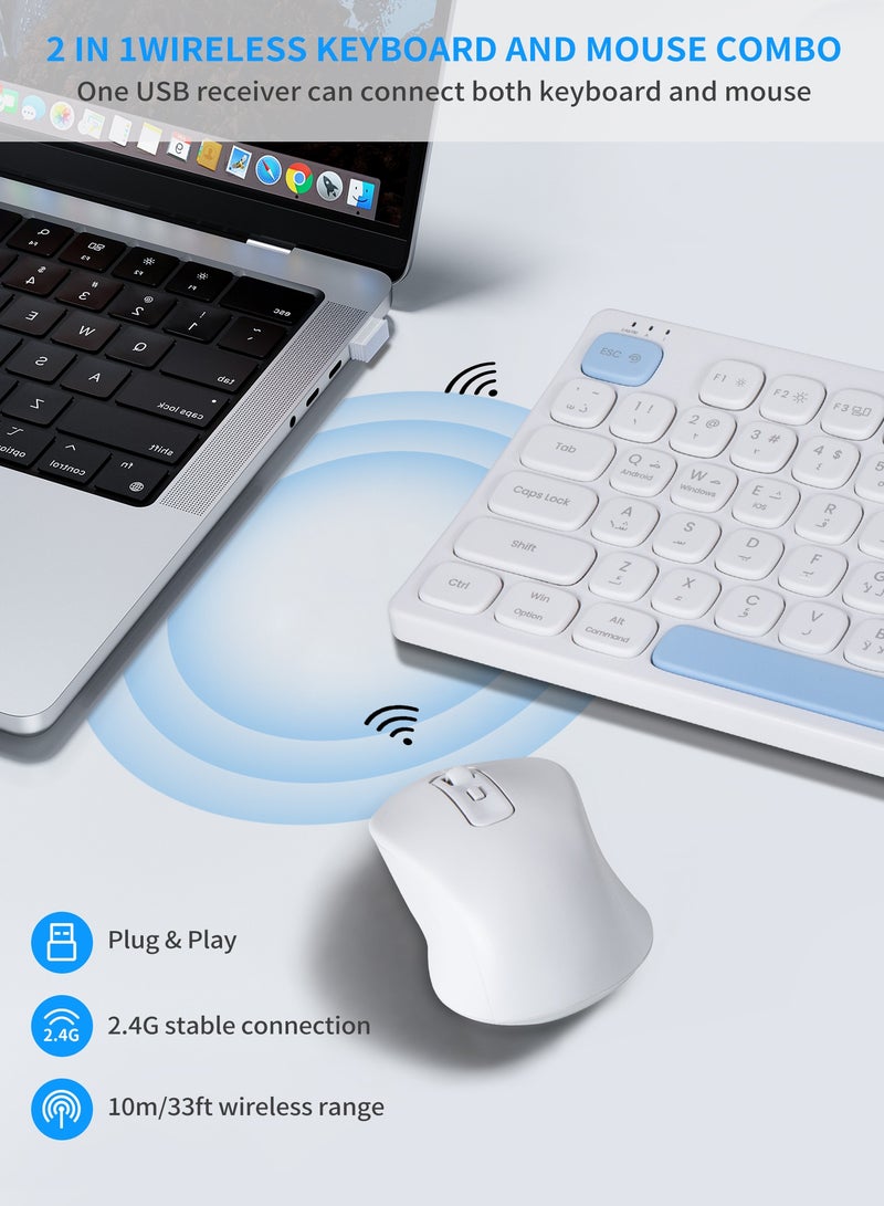 هواو جي مجموعة لوحة مفاتيح وفأرة لاسلكية، تخطيط عربي وإنجليزي، حجم كامل مريح، لوحة مفاتيح هادئة، فأرة بصرية، 2.4G خالية من التأخير، عمر بطارية طويل، متوافقة مع الكمبيوتر، ماك، بي سي، ويندوز - أبيض - Image 4