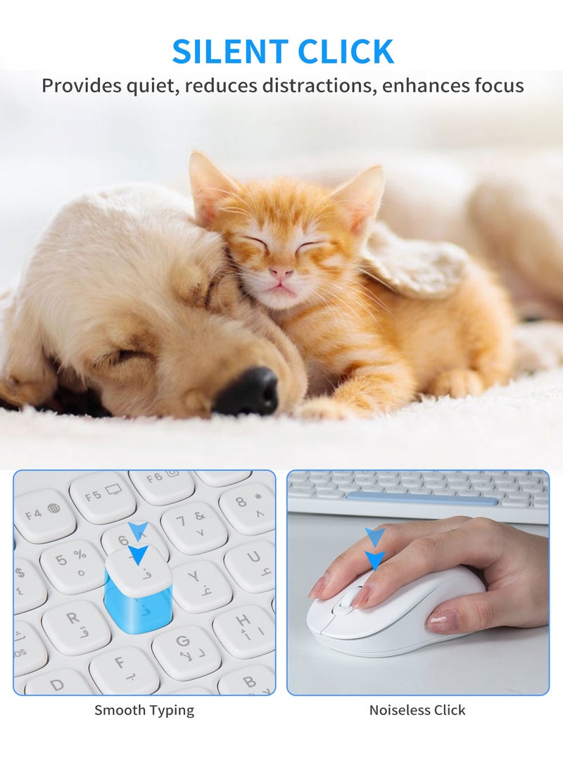 هواو جي مجموعة لوحة مفاتيح وفأرة لاسلكية، تخطيط عربي وإنجليزي، حجم كامل مريح، لوحة مفاتيح هادئة، فأرة بصرية، 2.4G خالية من التأخير، عمر بطارية طويل، متوافقة مع الكمبيوتر، ماك، بي سي، ويندوز - أبيض - Image 5