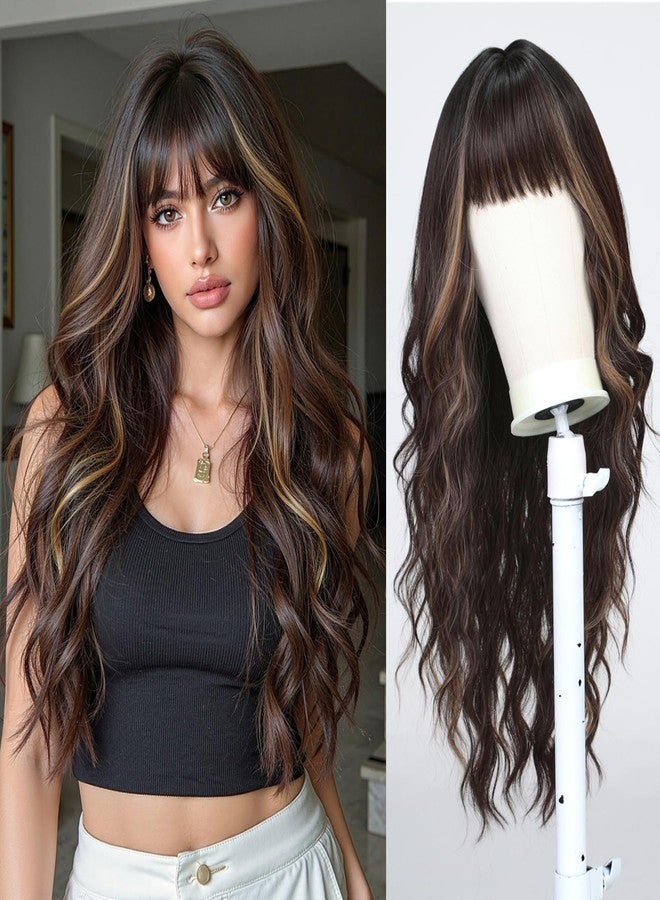 اسمي شعر مستعار إسمي طويل مموج بني مع خصلات فاتحة للنساء، مع غرة، شعر صناعي طبيعي للاستخدام اليومي والحفلات - Image 1