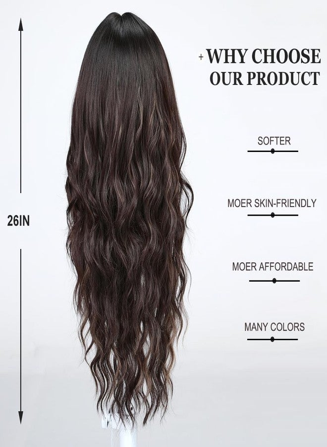 اسمي شعر مستعار إسمي طويل مموج بني مع خصلات فاتحة للنساء، مع غرة، شعر صناعي طبيعي للاستخدام اليومي والحفلات - Image 4