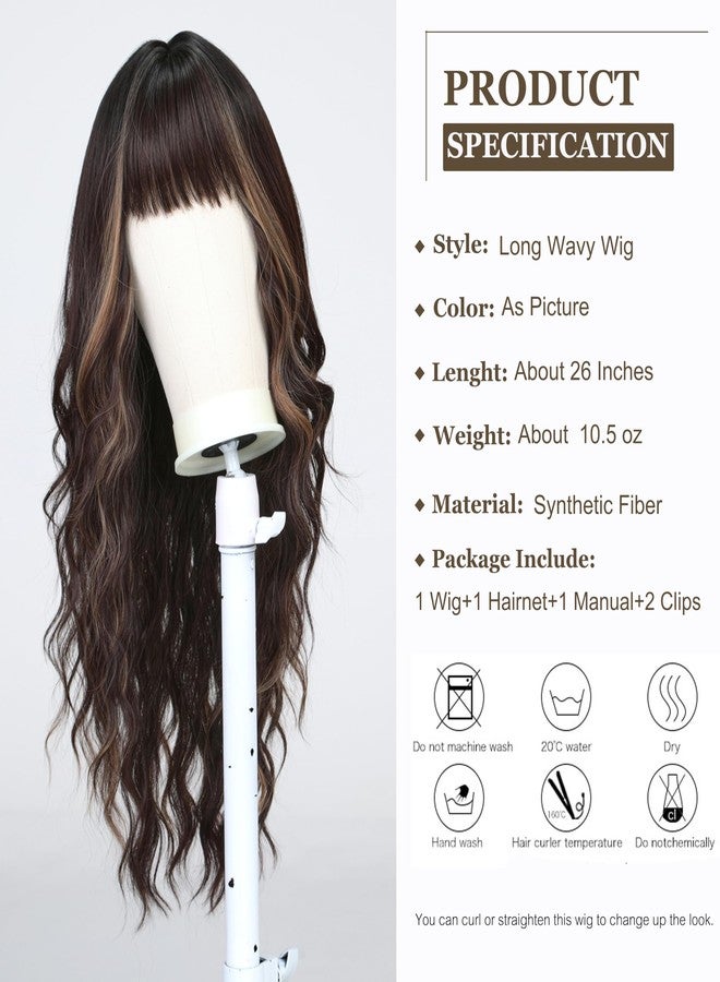 اسمي شعر مستعار إسمي طويل مموج بني مع خصلات فاتحة للنساء، مع غرة، شعر صناعي طبيعي للاستخدام اليومي والحفلات - Image 2