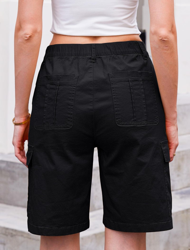 Eddoyee Bermuda Cargo Shorts for Women Casual Long Knee Length High Waisted Stretch Wide Leg Relaxed Fit(Black, Large) - Image 2