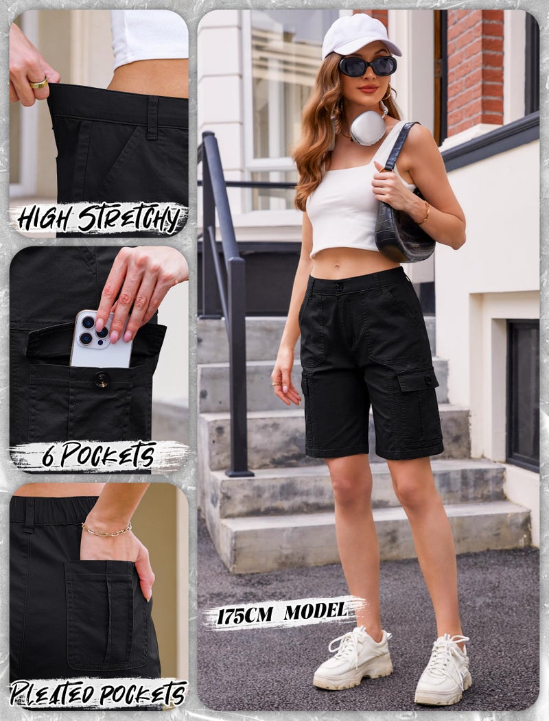 Eddoyee Bermuda Cargo Shorts for Women Casual Long Knee Length High Waisted Stretch Wide Leg Relaxed Fit(Black, Large) - Image 4