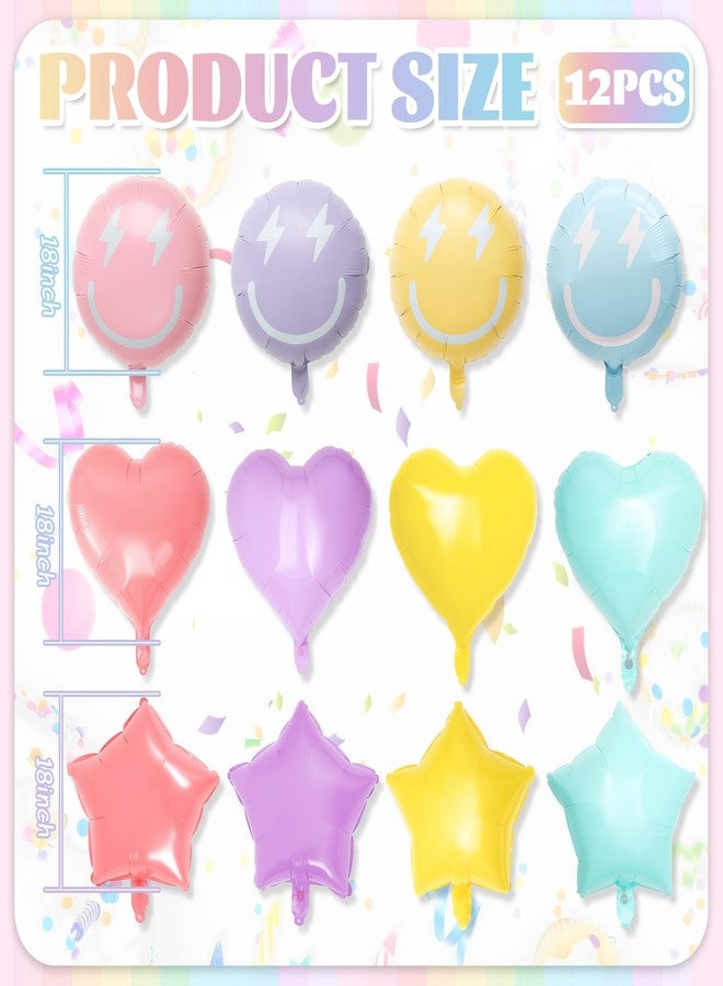 سكايليتي مجموعة سكايليتي من 12 بالونًا بألوان الباستيل على شكل وجوه مبتسمة، مقاس 18 بوصة، بالونات ماكارون ملونة، بالونات على شكل نجوم وقلوب، زينة حفلات أعياد الميلاد، حفلات توديع العزوبية، حفلات الزفاف، وحفلات Y2K - Image 2