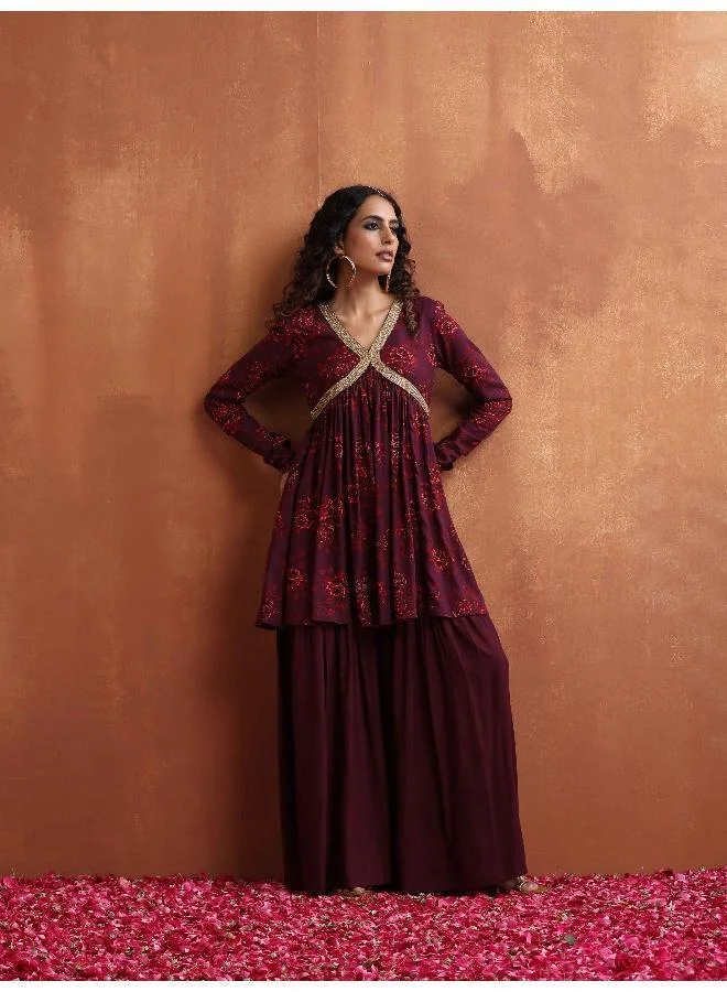 ترو برونز trueBrowns Purple Floral Print Sharara Set