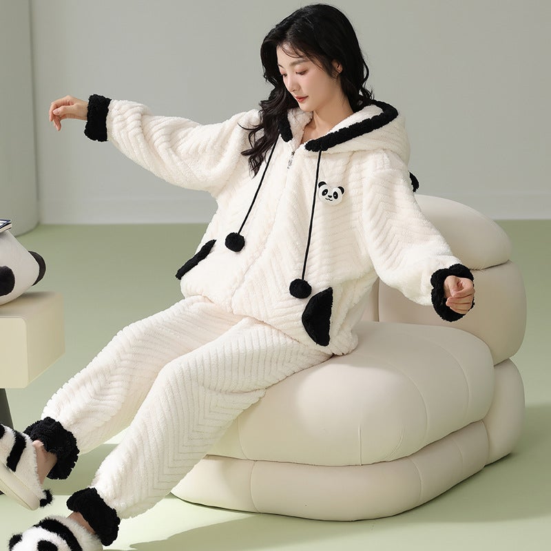 2024 Winter New Cute Girl Thickened Coral Fleece Warm Flannel Home Clothes Suit Pajamas For Women In Winter - Image 3