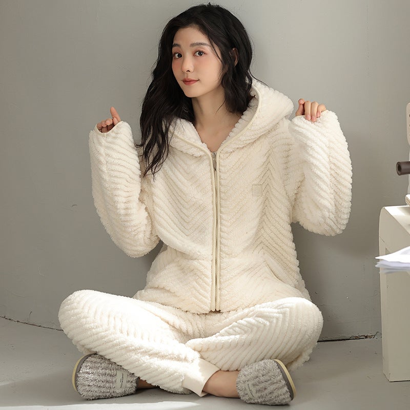 2024 Winter New Cute Girl Thickened Coral Fleece Warm Flannel Home Clothes Suit Pajamas For Women In Winter - Image 1