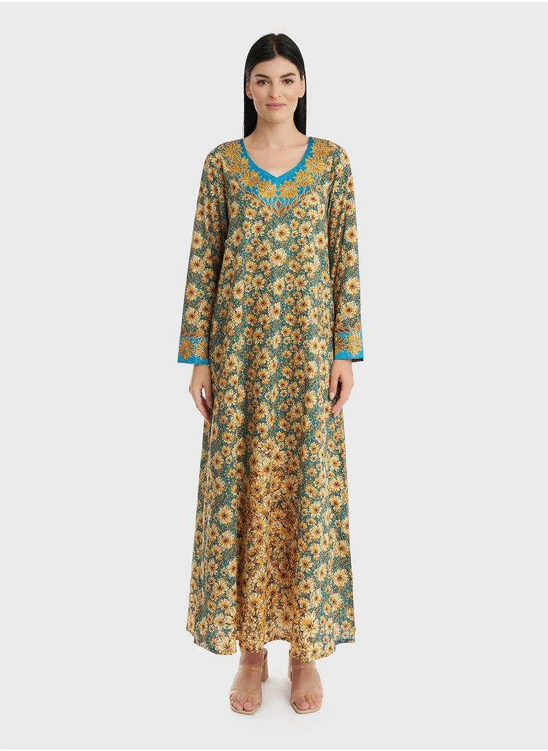 كشخة Cotton Floral Printed Stone Work Mukhawar Jalabiya