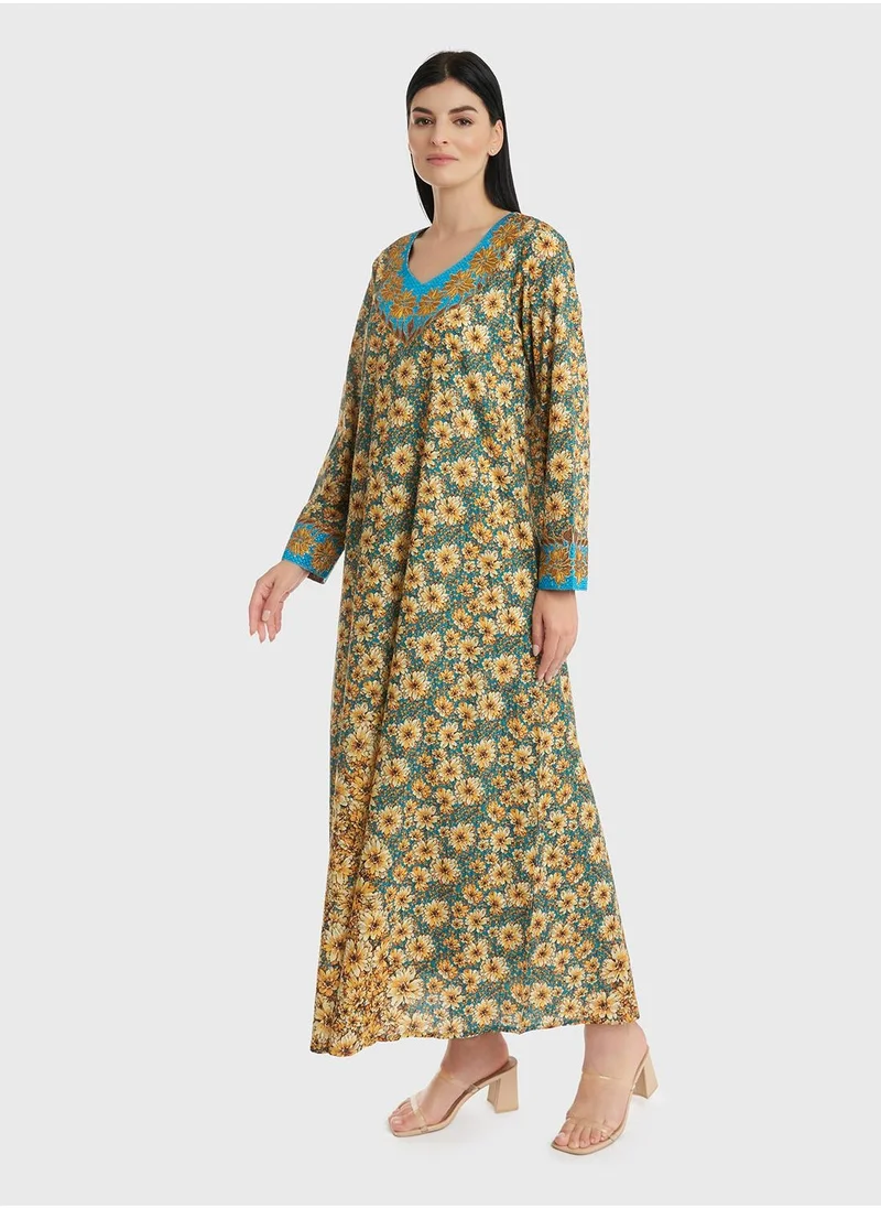 KASHKHA Cotton Floral Printed Stone Work Mukhawar Jalabiya